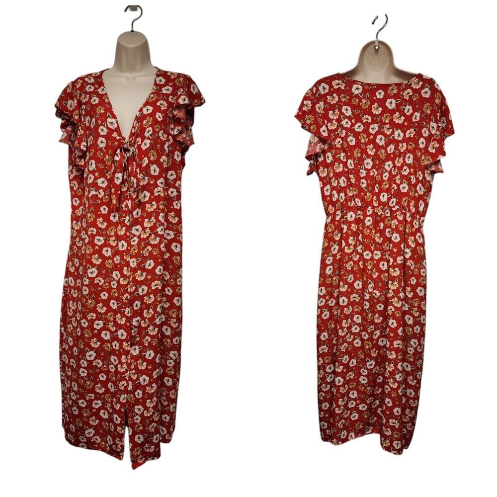 Just Found Floral Multicolor Red Button Front Ruffle Sleeve Midi Dress 3XL